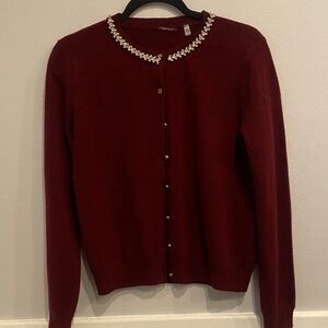 Elie Tahari Deep Red cashmere Cardigan with faux Diamond studs around color